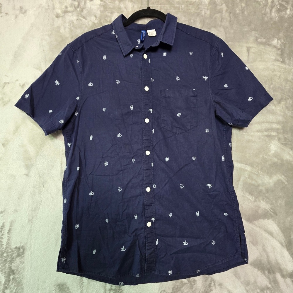 HM Divided Mens Navy Blue Graphic Print Cotton Short Sleeve Button Down Shirt S